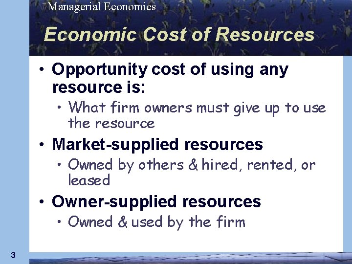 Managerial Economics Economic Cost of Resources • Opportunity cost of using any resource is: