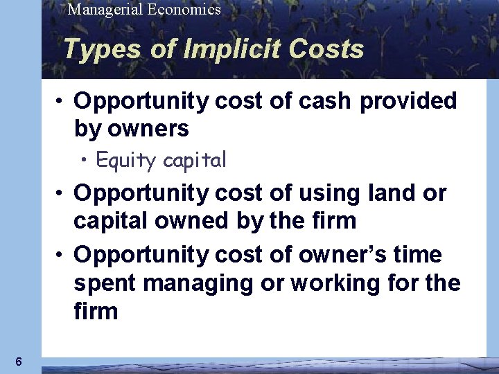 Managerial Economics Types of Implicit Costs • Opportunity cost of cash provided by owners