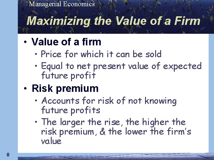 Managerial Economics Maximizing the Value of a Firm • Value of a firm •