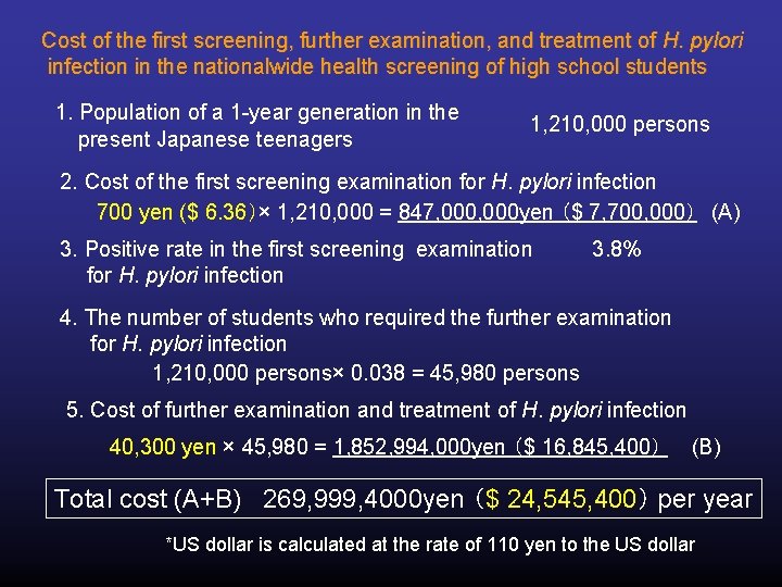 Cost of the first screening, further examination, and treatment of H. pylori infection in