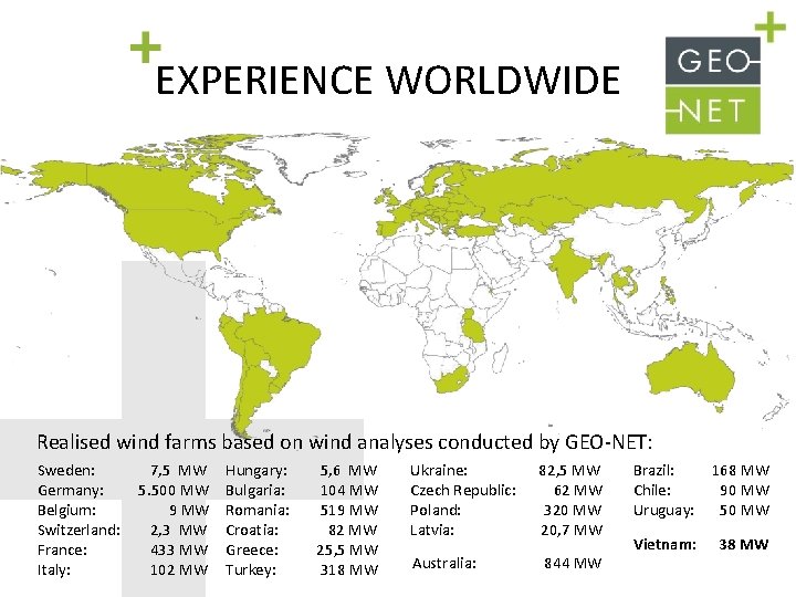 EXPERIENCE WORLDWIDE Realised wind farms based on wind analyses conducted by GEO-NET: Sweden: 7,
