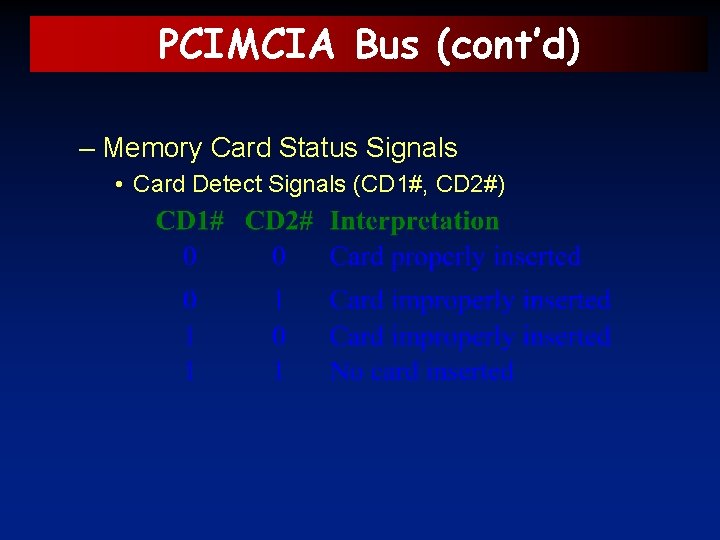 PCIMCIA Bus (cont’d) – Memory Card Status Signals • Card Detect Signals (CD 1#,