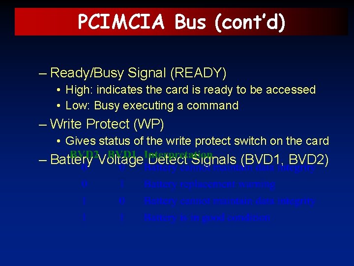 PCIMCIA Bus (cont’d) – Ready/Busy Signal (READY) • High: indicates the card is ready