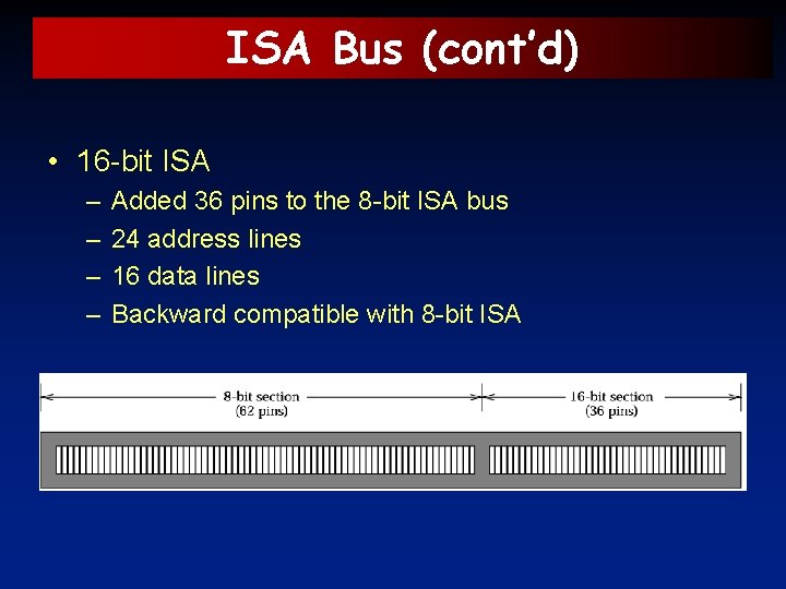 ISA Bus (cont’d) • 16 -bit ISA – – Added 36 pins to the