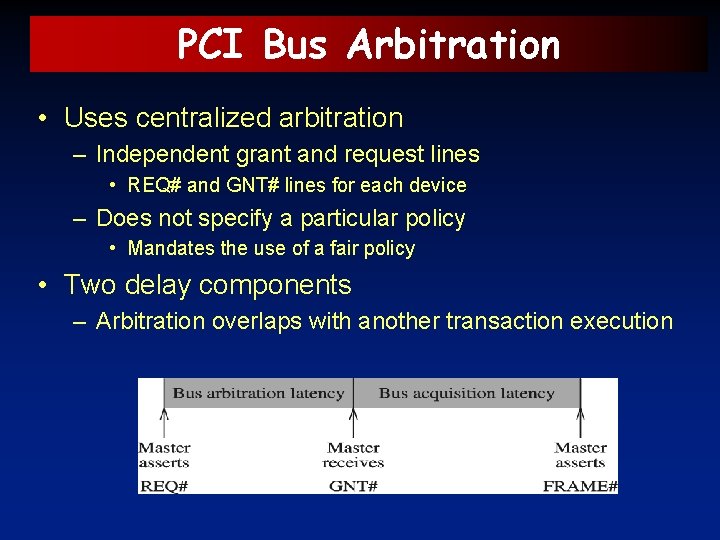 PCI Bus Arbitration • Uses centralized arbitration – Independent grant and request lines •