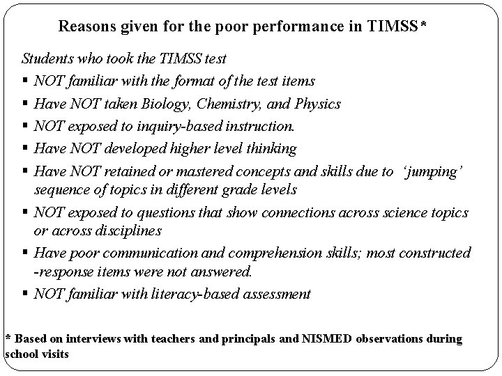 Reasons given for the poor performance in TIMSS* Students who took the TIMSS test Reasons given for the poor performance in TIMSS* Students who took the TIMSS test