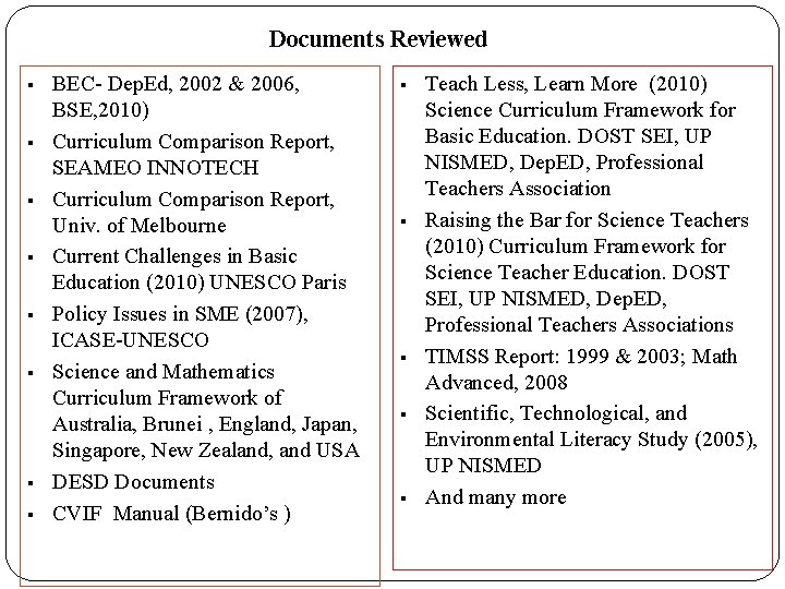 Documents Reviewed § § § § BEC- Dep. Ed, 2002 & 2006, BSE, 2010) Documents Reviewed § § § § BEC- Dep. Ed, 2002 & 2006, BSE, 2010)