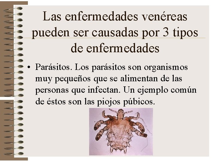 Las enfermedades venéreas pueden ser causadas por 3 tipos de enfermedades • Parásitos. Los