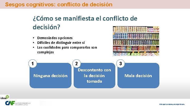Sesgos cognitivos: conflicto de decisión ¿Cómo se manifiesta el conflicto de decisión? • Demasiadas