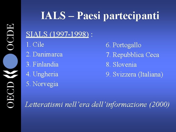 IALS – Paesi partecipanti SIALS (1997 -1998) : 1. Cile 2. Danimarca 3. Finlandia