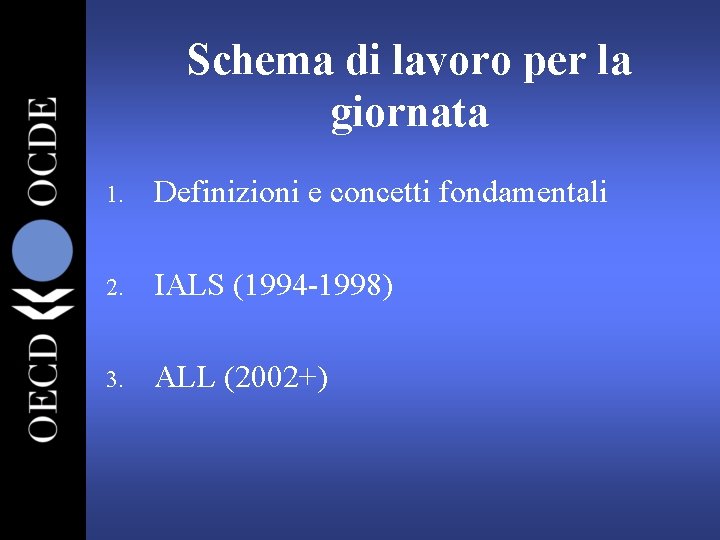 Schema di lavoro per la giornata 1. Definizioni e concetti fondamentali 2. IALS (1994