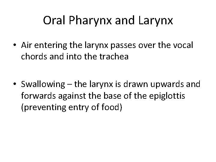 Oral Pharynx and Larynx • Air entering the larynx passes over the vocal chords