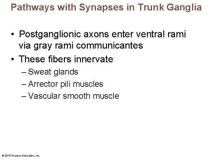 Pathways with Synapses in Trunk Ganglia • Postganglionic axons enter ventral rami via gray