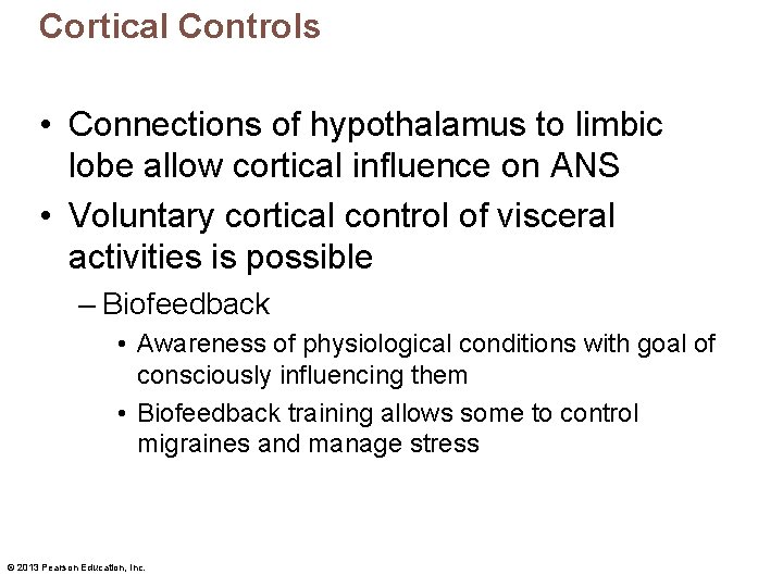 Cortical Controls • Connections of hypothalamus to limbic lobe allow cortical influence on ANS