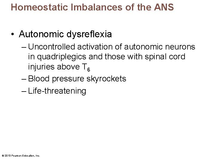 Homeostatic Imbalances of the ANS • Autonomic dysreflexia – Uncontrolled activation of autonomic neurons