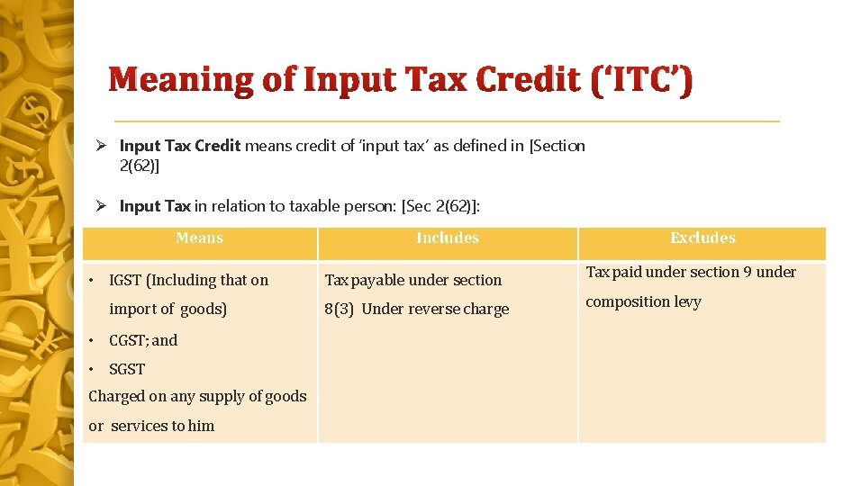 Meaning of Input Tax Credit (‘ITC’) Input Tax Credit means credit of ‘input tax’