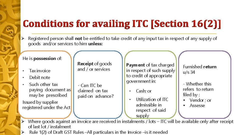 Conditions for availing ITC [Section 16(2)] Registered person shall not be entitled to take