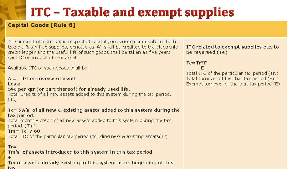 ITC – Taxable and exempt supplies Capital Goods [Rule 8] The amount of input