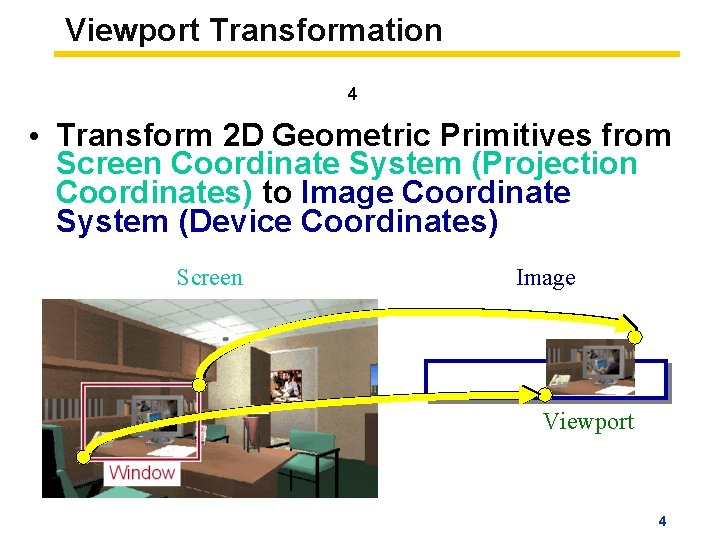 Viewport Transformation 4 • Transform 2 D Geometric Primitives from Screen Coordinate System (Projection