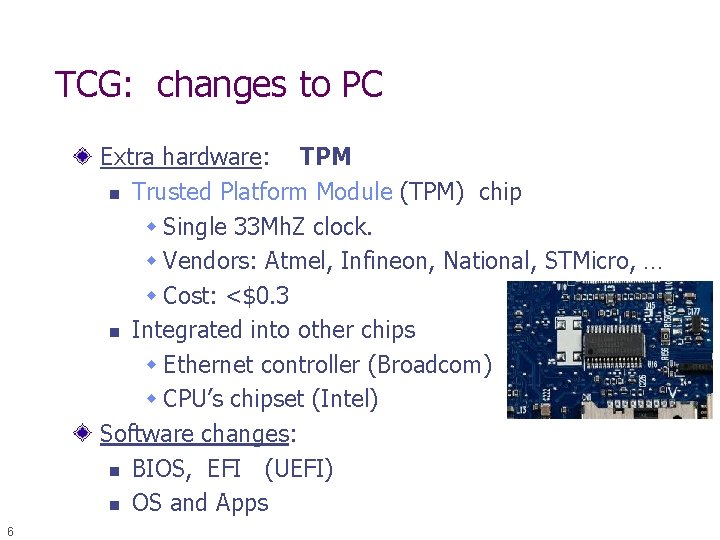 TCG: changes to PC Extra hardware: TPM n Trusted Platform Module (TPM) chip w