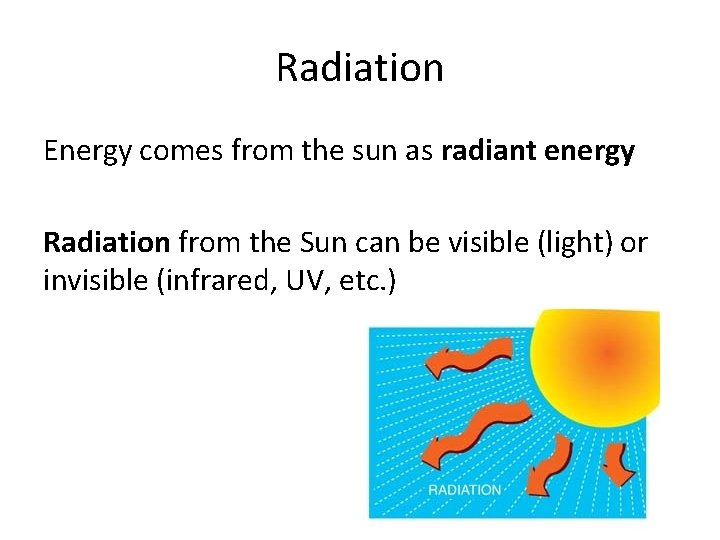 Radiation Energy comes from the sun as radiant energy Radiation from the Sun can