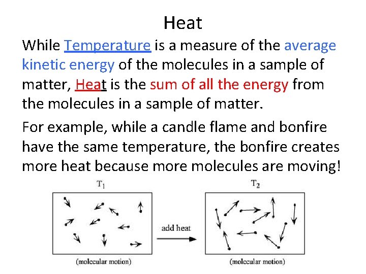 Heat While Temperature is a measure of the average kinetic energy of the molecules