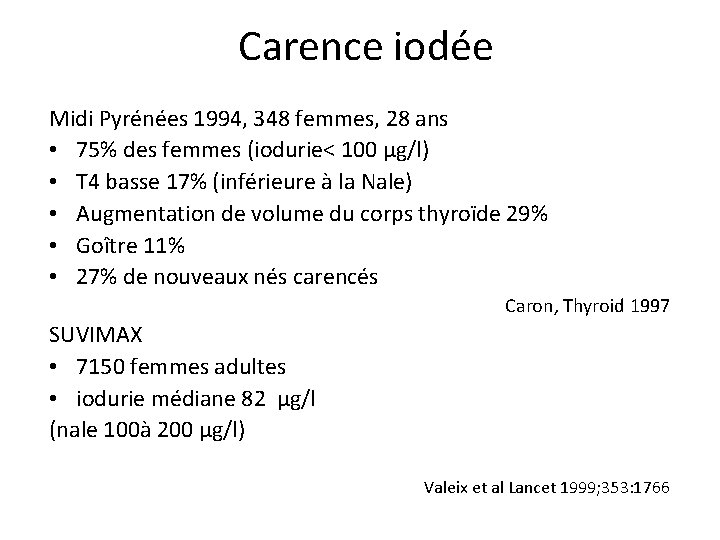 Carence iodée Midi Pyrénées 1994, 348 femmes, 28 ans • 75% des femmes (iodurie<