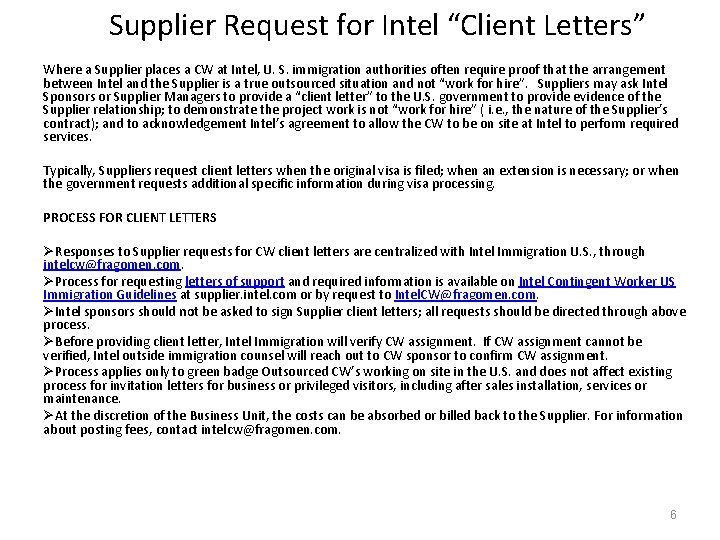 Supplier Request for Intel “Client Letters” Where a Supplier places a CW at Intel,