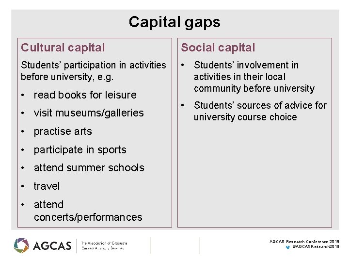 Capital gaps Cultural capital Social capital Students’ participation in activities before university, e. g.