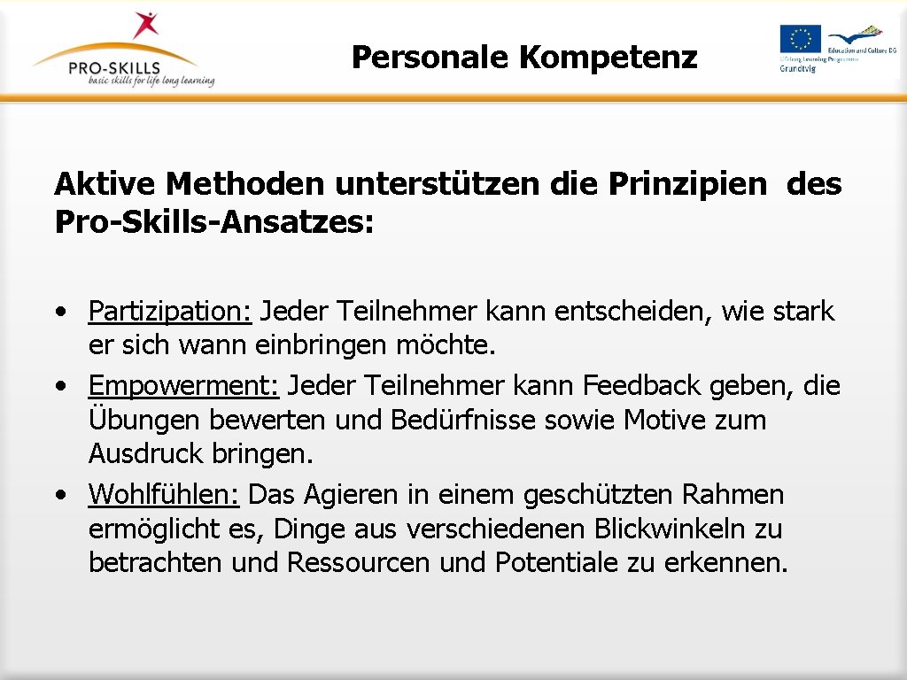 Personale Kompetenz Aktive Methoden unterstützen die Prinzipien des Pro-Skills-Ansatzes: • Partizipation: Jeder Teilnehmer kann