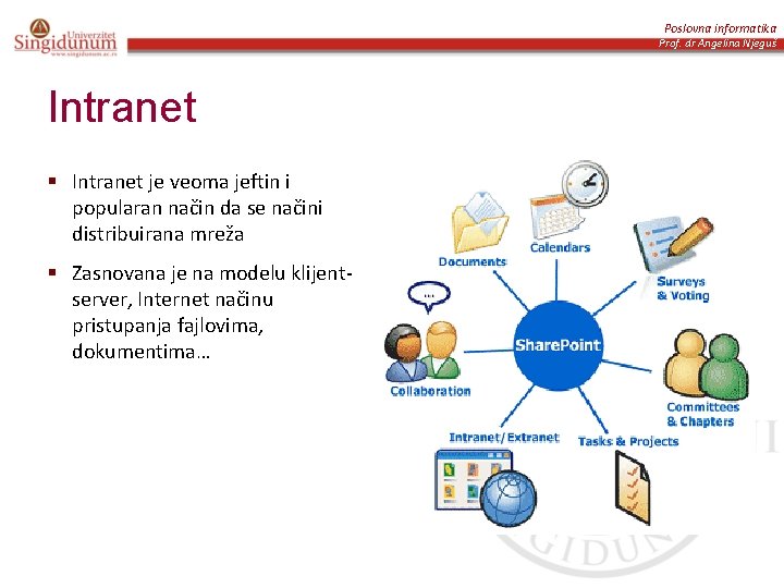 Poslovna informatika Prof. dr Angelina Njeguš Intranet § Intranet je veoma jeftin i popularan