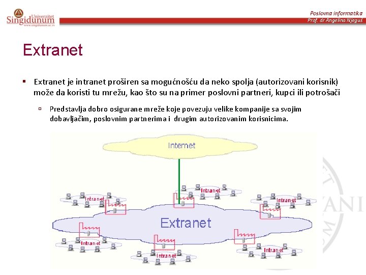 Poslovna informatika Prof. dr Angelina Njeguš Extranet § Extranet je intranet proširen sa mogućnošću