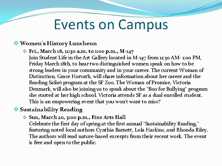 Events on Campus v Women's History Luncheon v Fri. , March 18, 11: 30