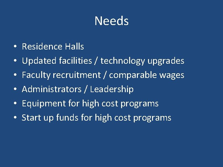 Needs • • • Residence Halls Updated facilities / technology upgrades Faculty recruitment /