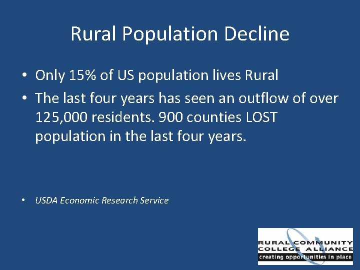 Rural Population Decline • Only 15% of US population lives Rural • The last