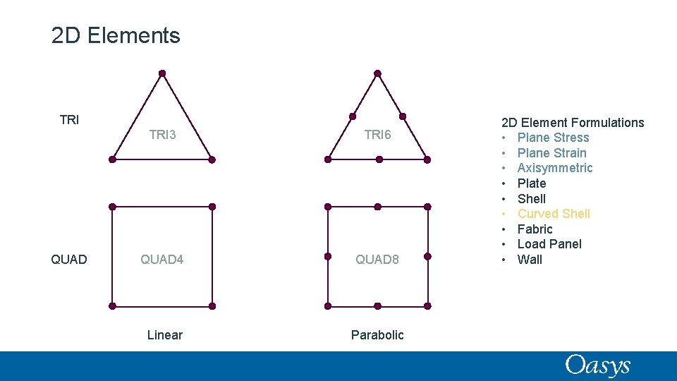 2 D Elements TRI QUAD TRI 3 TRI 6 QUAD 4 QUAD 8 Linear