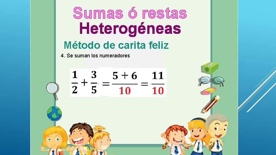 Sumas ó restas Heterogéneas Método de carita feliz 4. Se suman los numeradores Sumas ó restas Heterogéneas Método de carita feliz 4. Se suman los numeradores