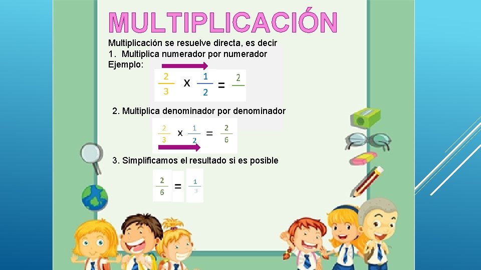 MULTIPLICACIÓN Multiplicación se resuelve directa, es decir 1. Multiplica numerador por numerador Ejemplo: 2.