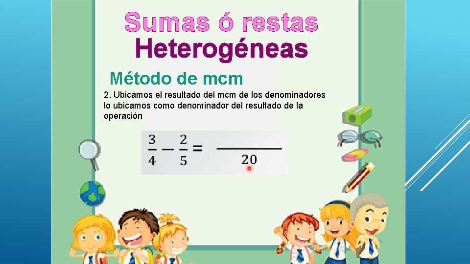 Sumas ó restas Heterogéneas Método de mcm 2. Ubicamos el resultado del mcm de