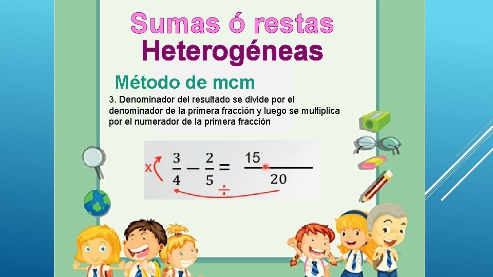 Sumas ó restas Heterogéneas Método de mcm 3. Denominador del resultado se divide por Sumas ó restas Heterogéneas Método de mcm 3. Denominador del resultado se divide por