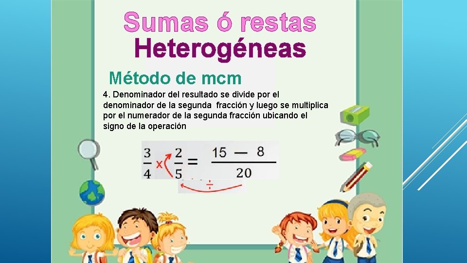 Sumas ó restas Heterogéneas Método de mcm 4. Denominador del resultado se divide por