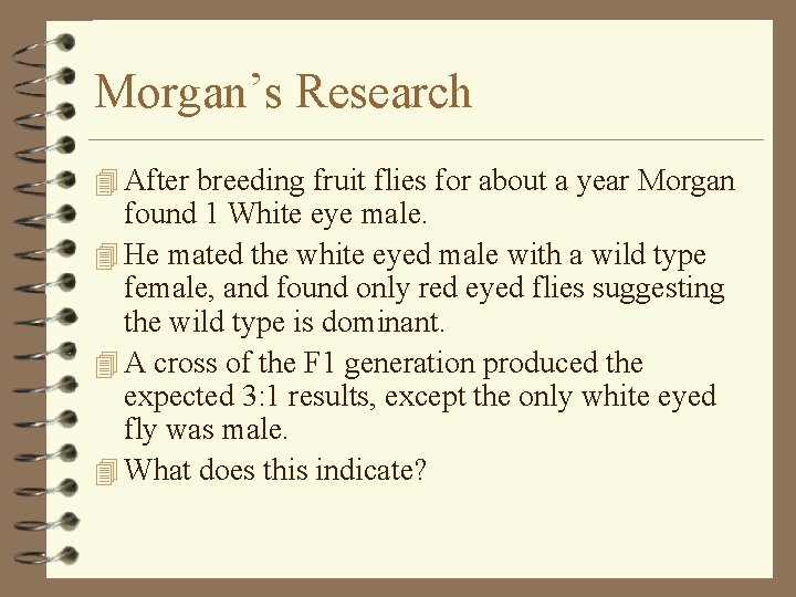 Morgan’s Research 4 After breeding fruit flies for about a year Morgan found 1 Morgan’s Research 4 After breeding fruit flies for about a year Morgan found 1