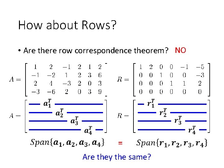 How about Rows? • Are there row correspondence theorem? NO = Are they the