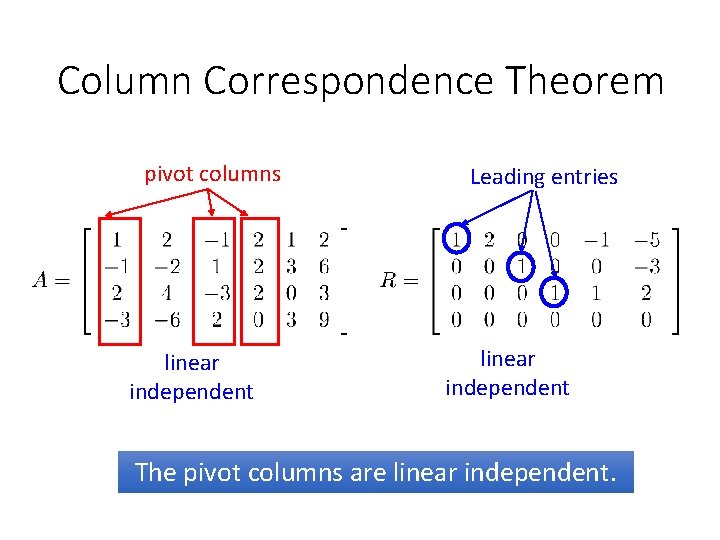 Column Correspondence Theorem pivot columns linear independent Leading entries linear independent The pivot columns