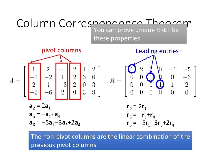 Column Correspondence Theorem You can prove unique RREF by these properties pivot columns a