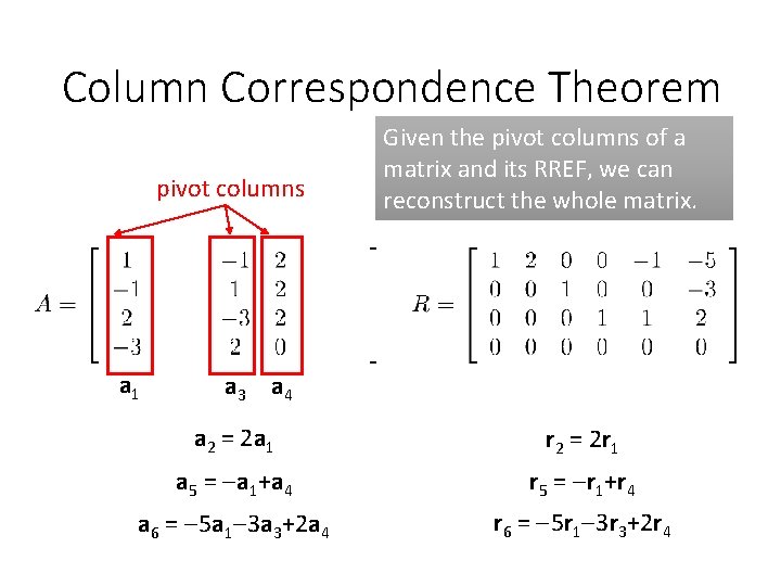 Column Correspondence Theorem pivot columns a 1 Given the pivot columns of a matrix