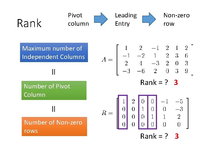 Rank Pivot column Leading Entry Non-zero row Maximum number of Independent Columns Number of