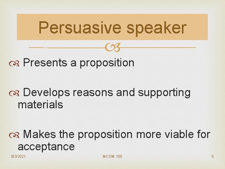 Persuasive speaker Presents a proposition Develops reasons and supporting materials Makes the proposition more