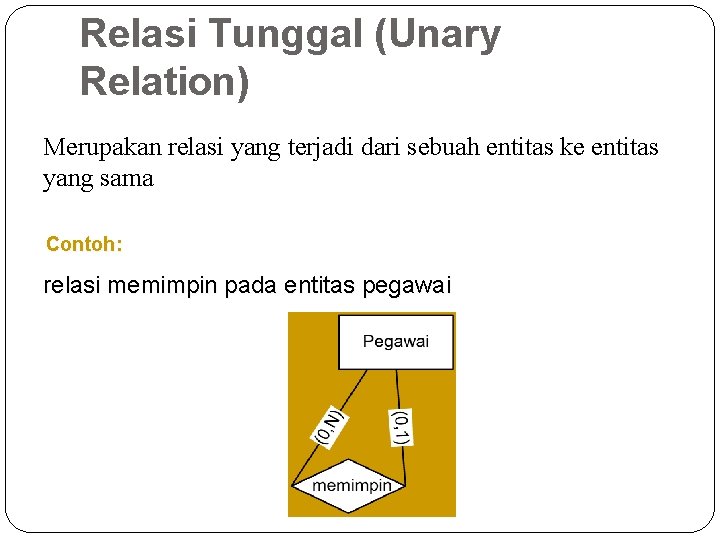 Relasi Tunggal (Unary Relation) Merupakan relasi yang terjadi dari sebuah entitas ke entitas yang