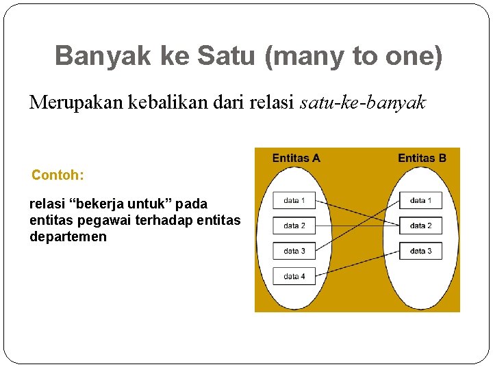 Banyak ke Satu (many to one) Merupakan kebalikan dari relasi satu-ke-banyak Contoh: relasi “bekerja